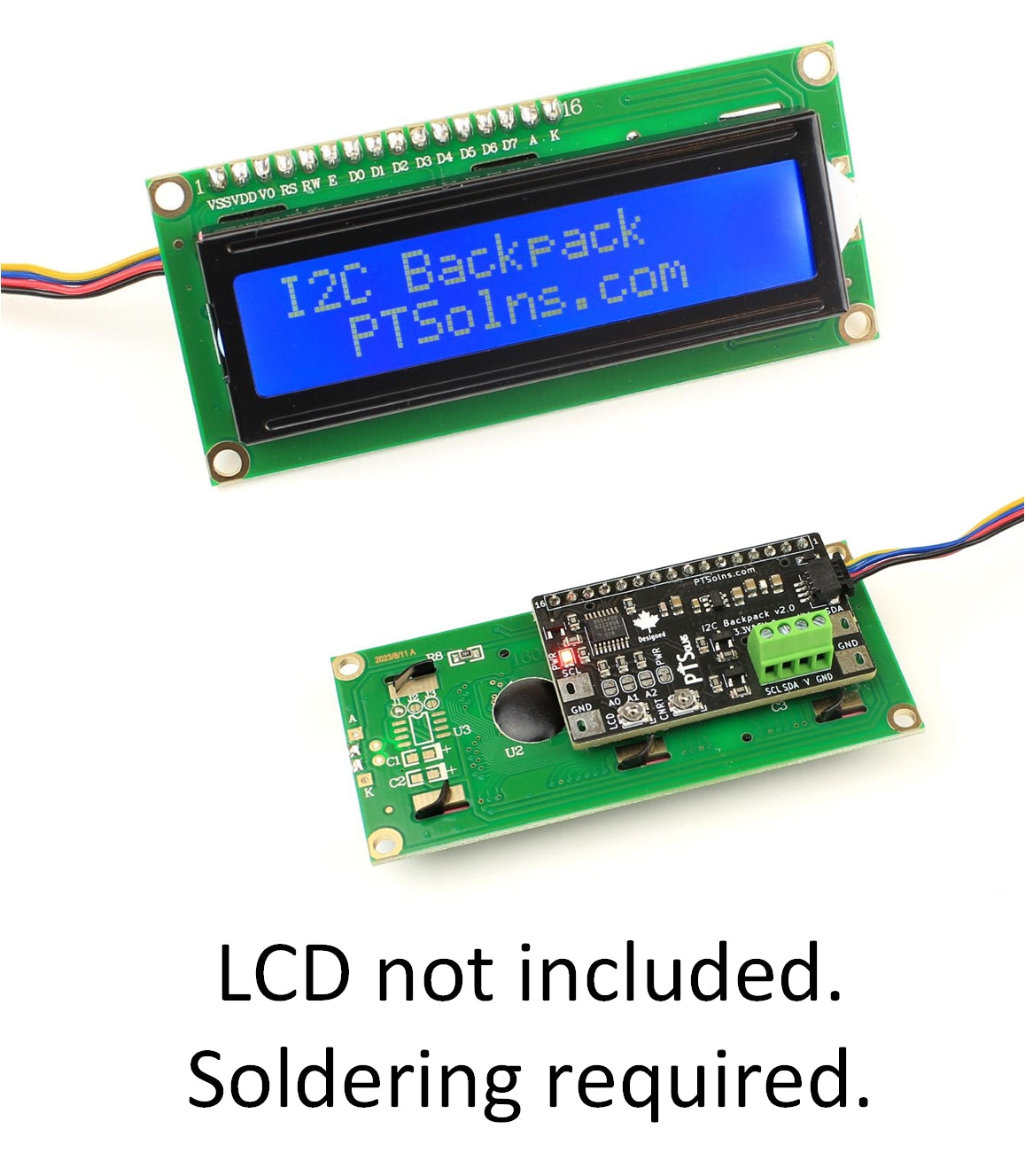Example application: PTSolns I2C Backpack connected to a 1602 LCD using the QWIIC connector for easy I2C integration.