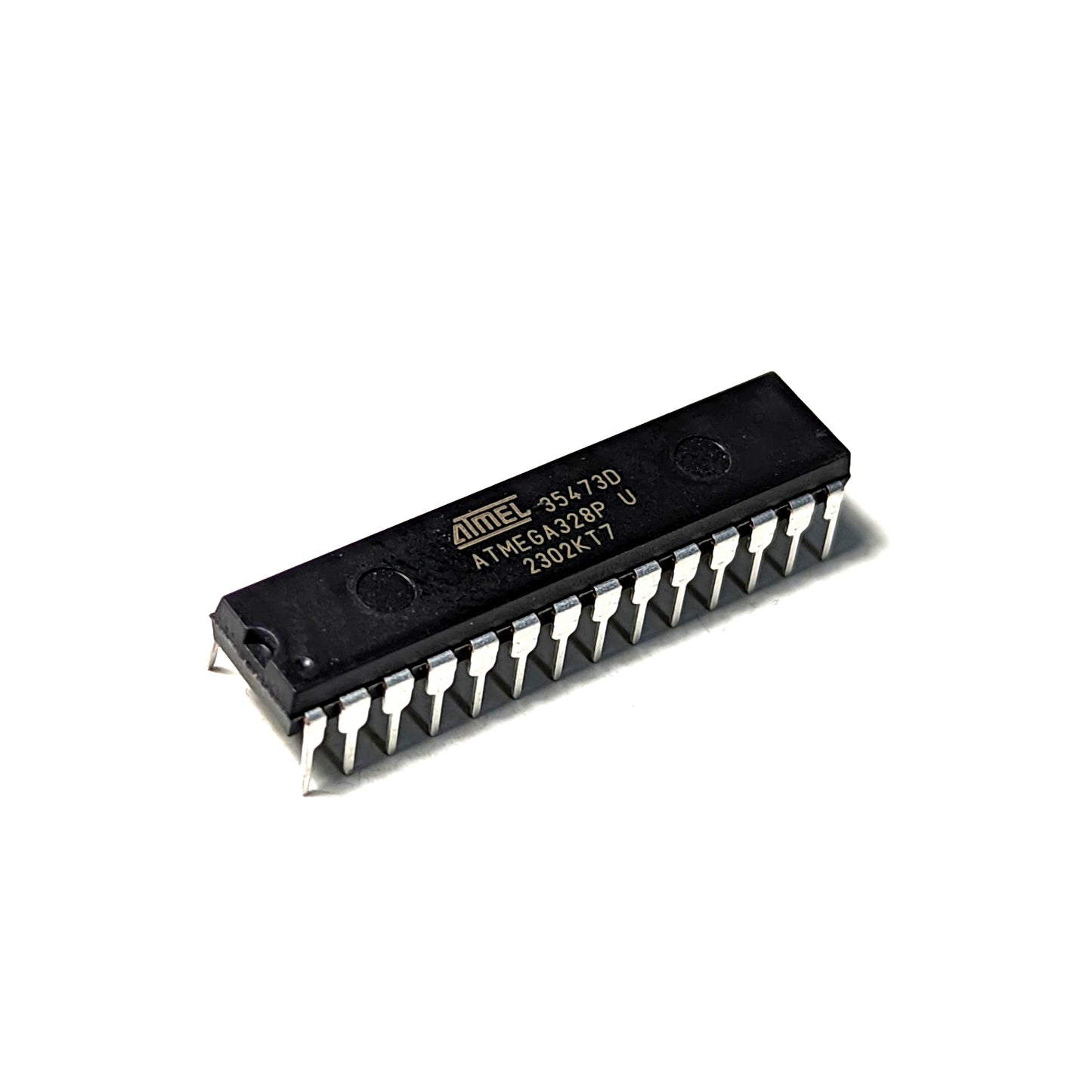 Close-up image of the ATmega328P IC used in the PTSolns Uno R3+ development board, showing the 28-pin through-hole package ideal for removal, reuse, and standalone microcontroller projects