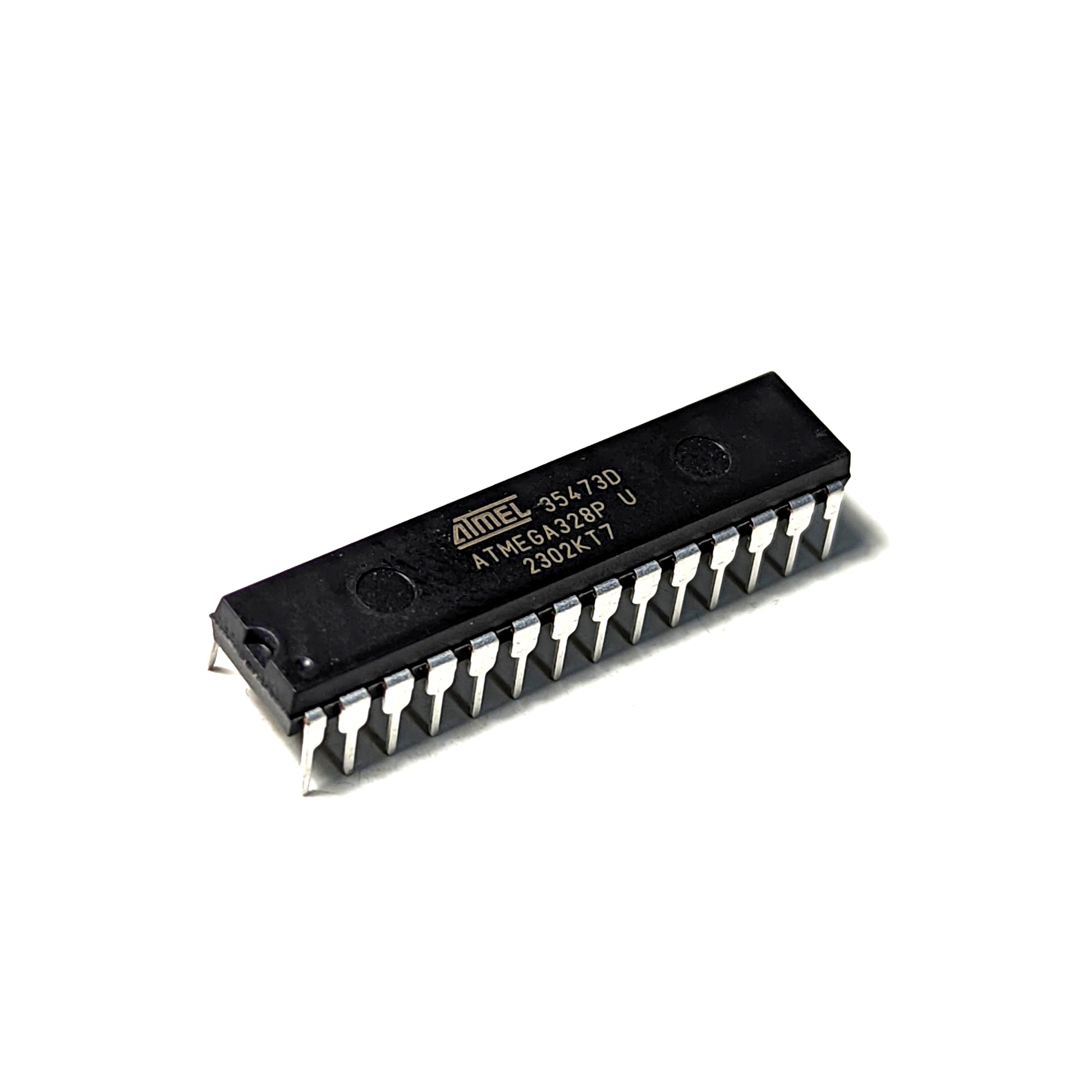 Close-up image of the ATmega328P IC used in the PTSolns Uno R3+ development board, showing the 28-pin through-hole package ideal for removal, reuse, and standalone microcontroller projects