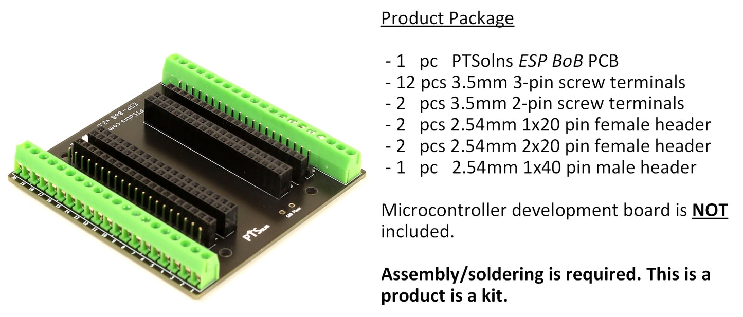 PTSolns ESP BoB package contents including breakout board, male headers, female headers, and screw terminals for ESP32 and ESP8266 prototyping and assembly