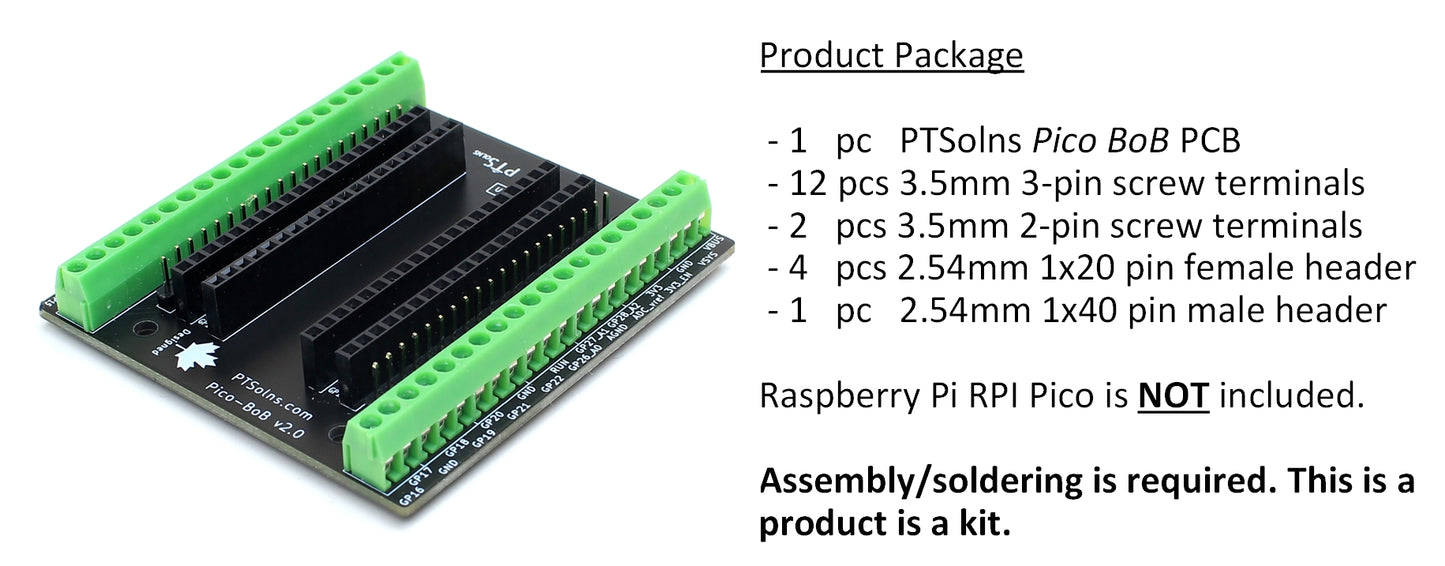 Package contents of PTSolns Pico BoB including breakout board, male headers, female headers, and screw terminals for Raspberry Pi Pico prototyping and assembly