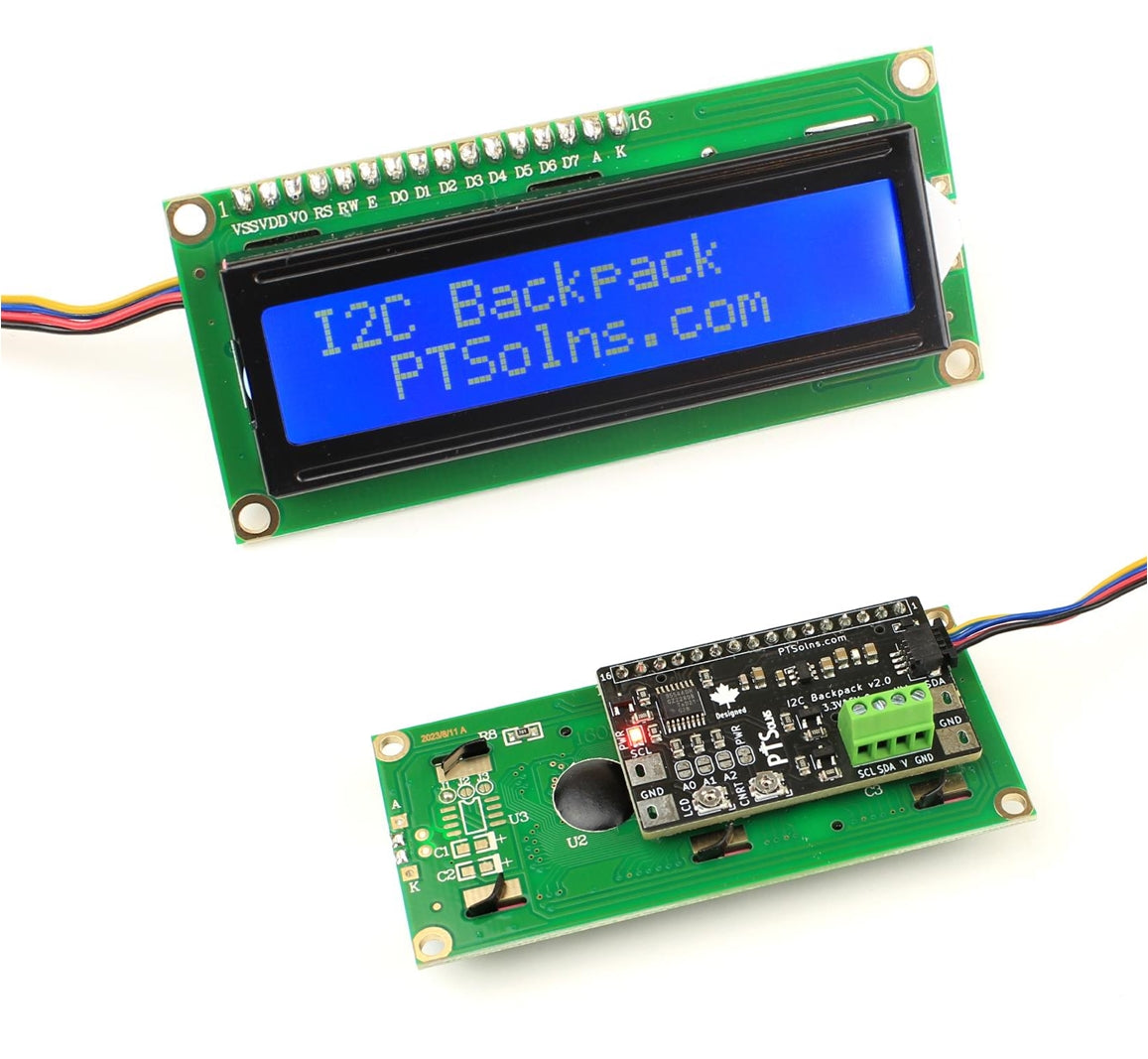PTSolns I2C Backpack soldered to 1602 or 2004 LCD, with I2C and power screw terminals and QWIIC connector, supports 3.3V and 5V logic, has contrast and backlight controls, compatible with various microcontrollers.