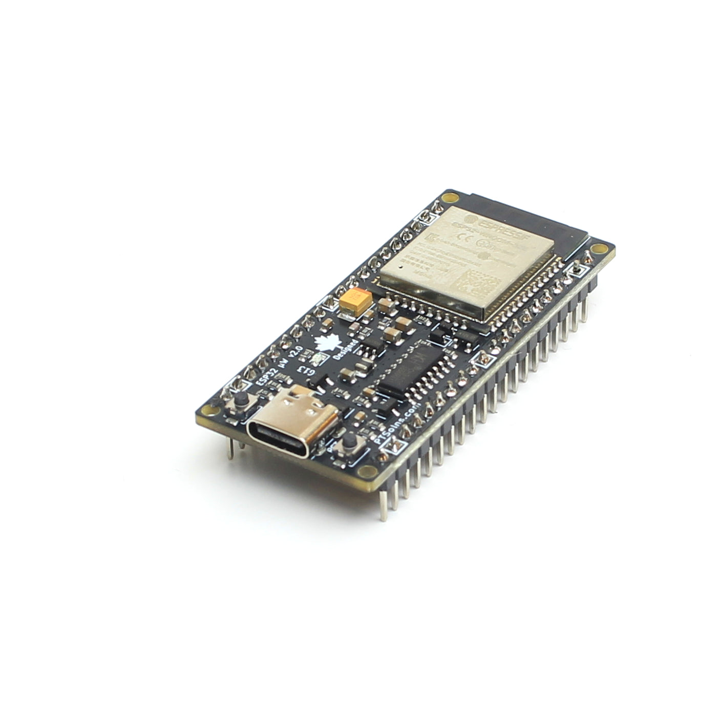 PTSolns ESP32 microWatt low-power development board for IoT applications, featuring embedded ESP32 module with Wi-Fi and Bluetooth LE, USB-C and 3.5–6V external power input, optimized pin grouping for I2C and SPI, ideal for prototyping and battery-powered projects