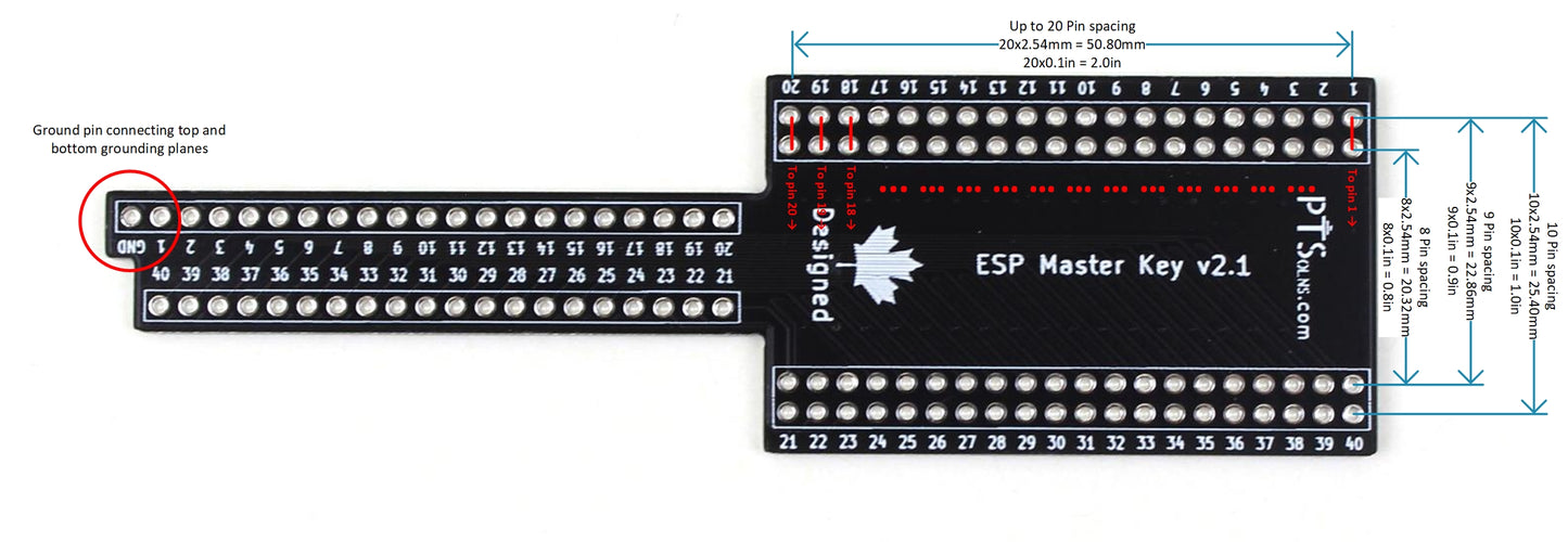 Technical drawing of the PTSolns ESP Master Key showing detailed dimensions of the PCB in millimeters, including overall length, width, and pin spacing, with clear labels and measurement lines.