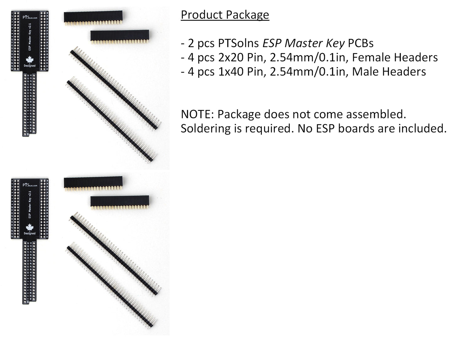 Package contents showing two PTSolns ESP Master Key PCBs with matching male and female headers; soldering required for assembly.