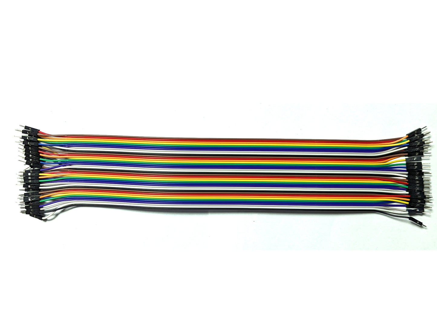A bundle of 40 DuPont wires in various colors including black, white, grey, purple, blue, green, yellow, orange, and red, arranged neatly side by side.