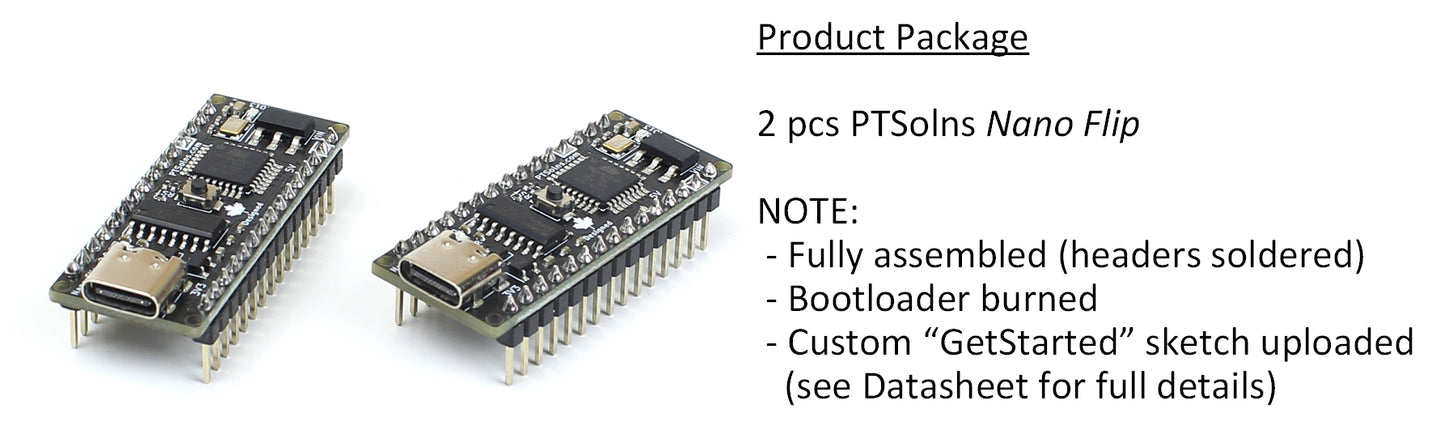 Two fully assembled PTSolns Nano Flip microcontroller development boards, each with pre-installed bootloader and custom GetStarted sketch uploaded for immediate use in prototyping and development projects