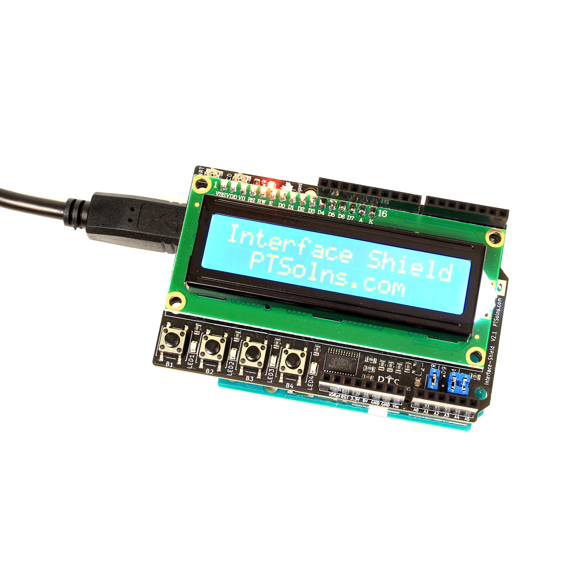 LCD screen displaying the text "Interface Shield PTSolns.com" in clear, bright characters.