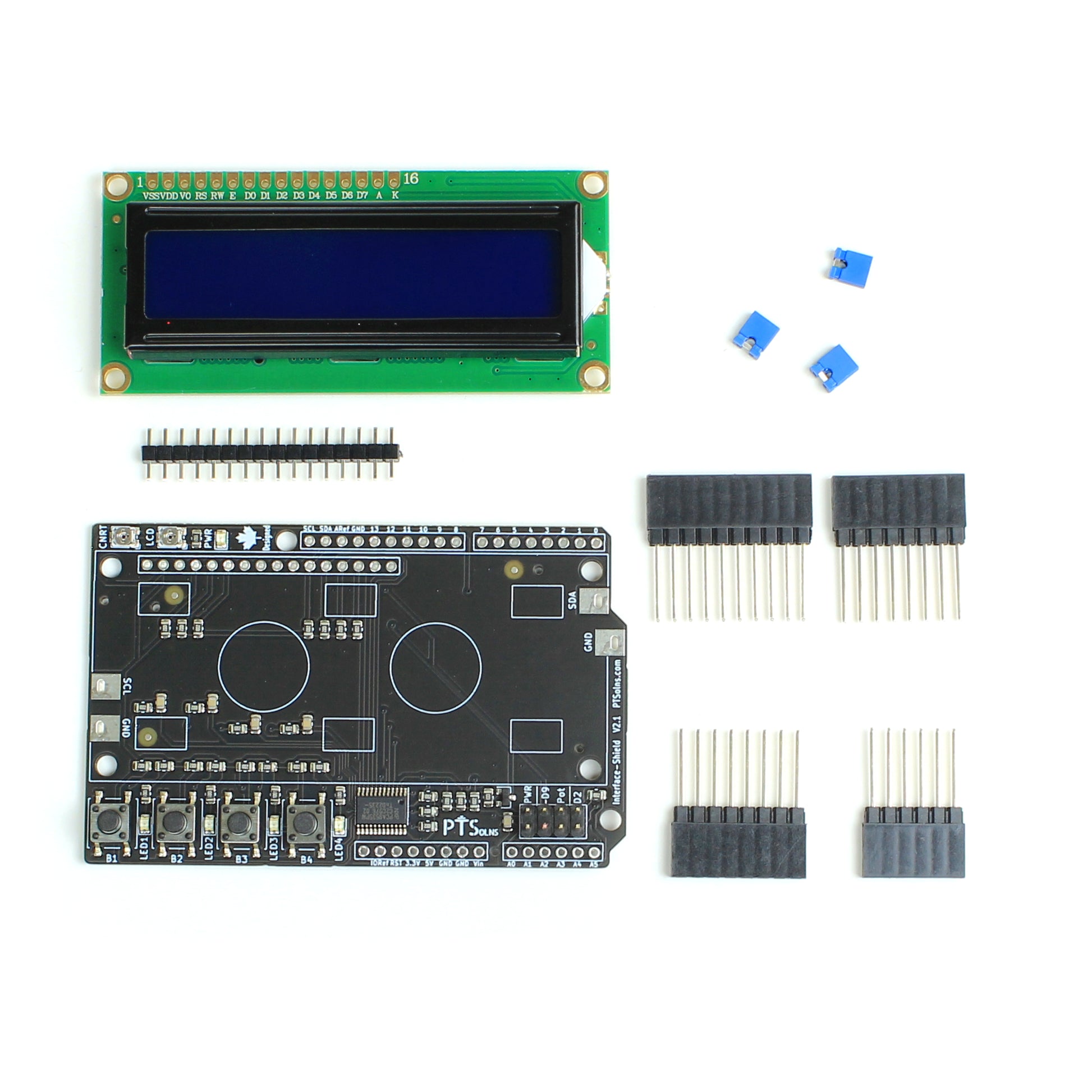 PTSolns Interface-Shield package contents showing the Interface-Shield PCB and included stacking female headers; assembly required.