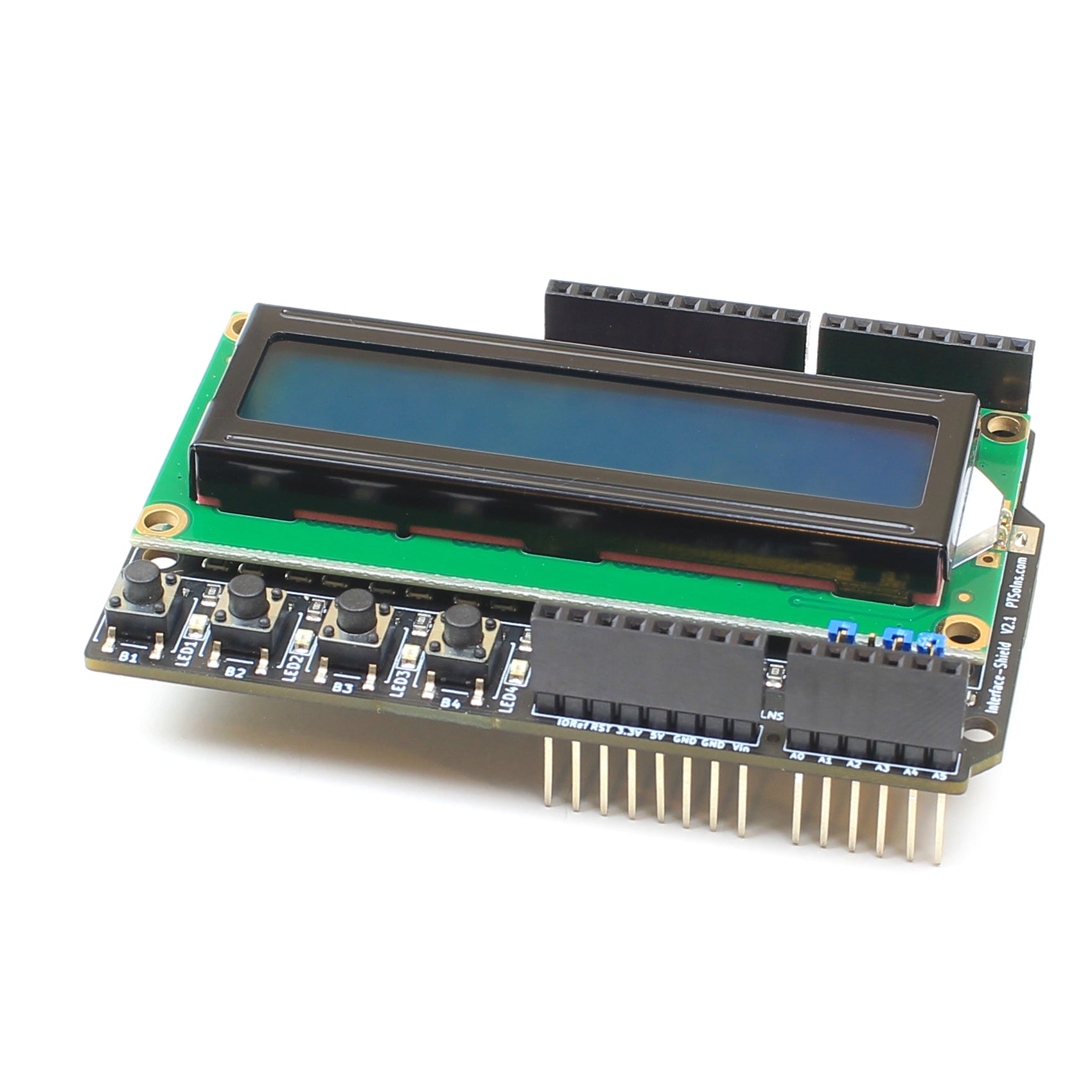 PTSolns Interface-Shield — an I2C-based shield compatible with Uno and similar microcontroller boards, featuring programmable buttons and LEDs, hardware/software debouncing, configurable addresses, dimmable LCD backlight, interrupt support, and large copper pads for oscilloscope I2C signal testing. Compatible with the custom Arduino library PTSolns_InterfaceShield for tutorials and examples.