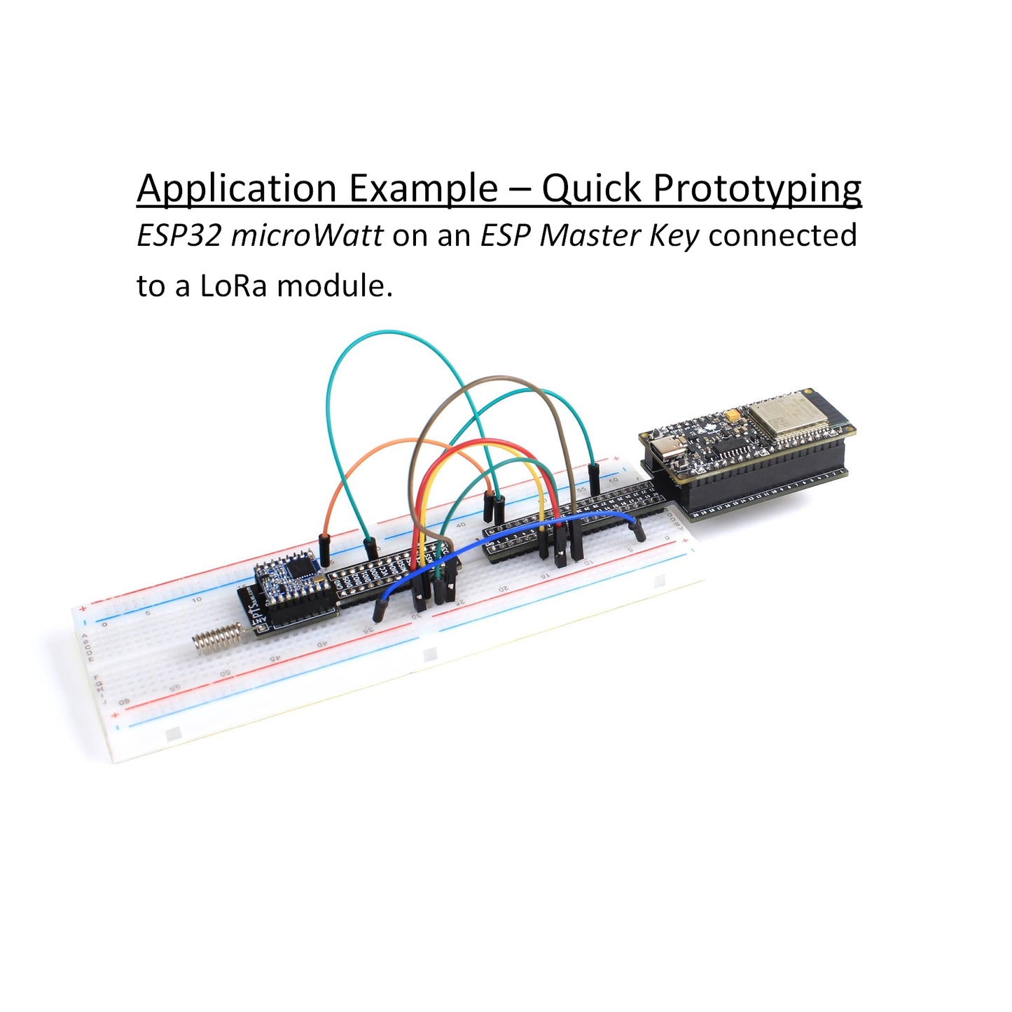 Application example showing PTSolns ESP32 microWatt mounted on PTSolns ESP Master Key, connected to LoRa module installed on PTSolns LoRa Key, demonstrating a complete IoT wireless communication setup for long-range data transmission