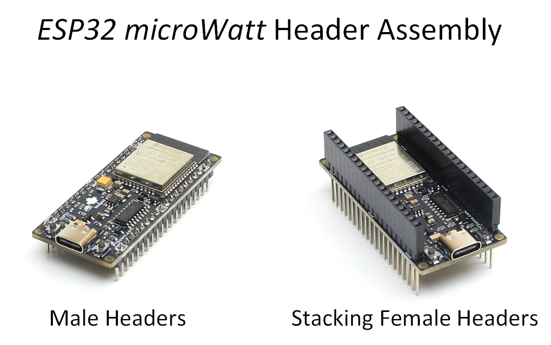 Side-by-side comparison of PTSolns ESP32 microWatt development board assembled with standard male headers (left) and stacking female headers (right), demonstrating versatile header options for IoT prototyping and expansion
