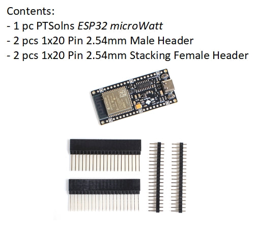 PTSolns ESP32 microWatt package contents including development board, stacking female headers, and user manual for IoT prototyping and low-power applications