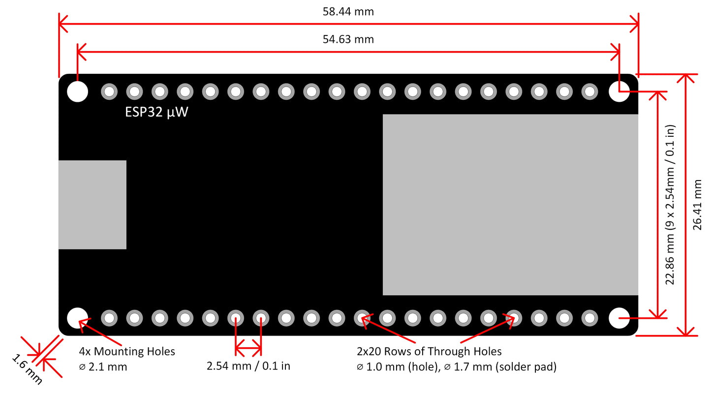 Top view of PTSolns ESP32 microWatt development board showing precise board dimensions and mounting hole locations for accurate integration into custom IoT projects and enclosures