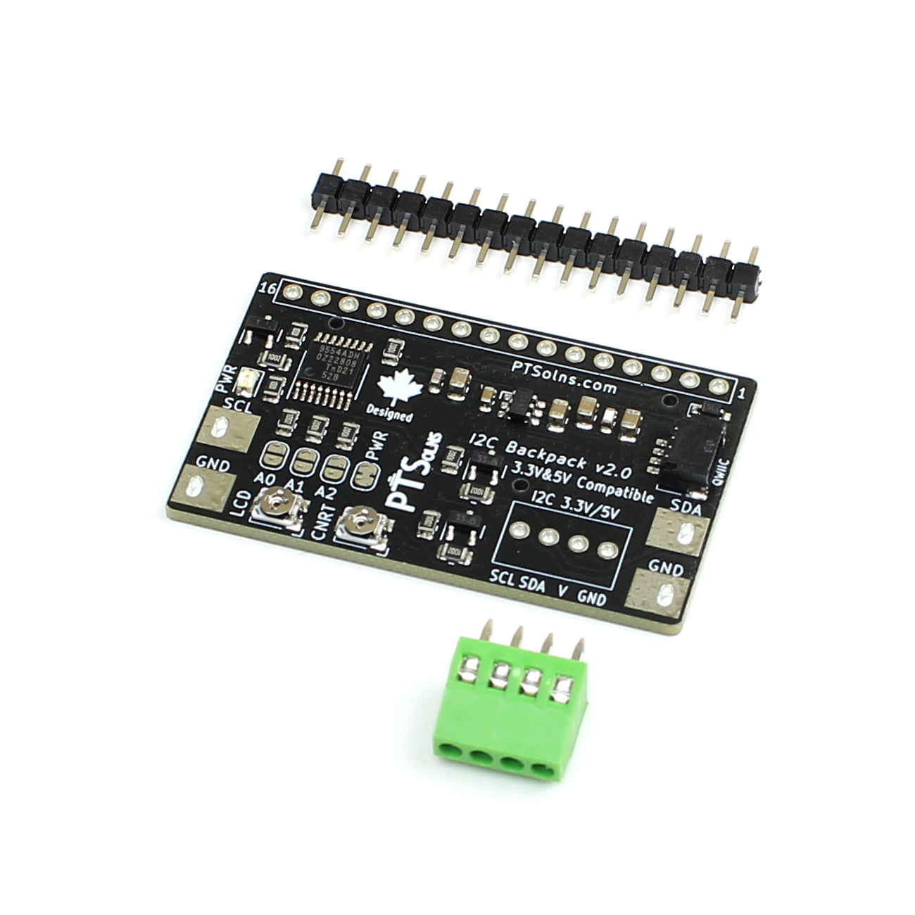 PTSolns I2C Backpack shown with included pin header and 4-pin screw terminal; assembly required before use with compatible LCD modules.