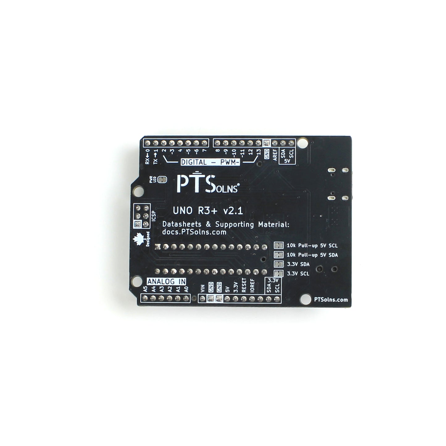 Bottom view of PTSolns Uno R3+ microcontroller development board showing power LED disconnect jumper, clean PCB layout, through-hole ATmega328P socket, and quality control marking for reliable Arduino-compatible prototyping