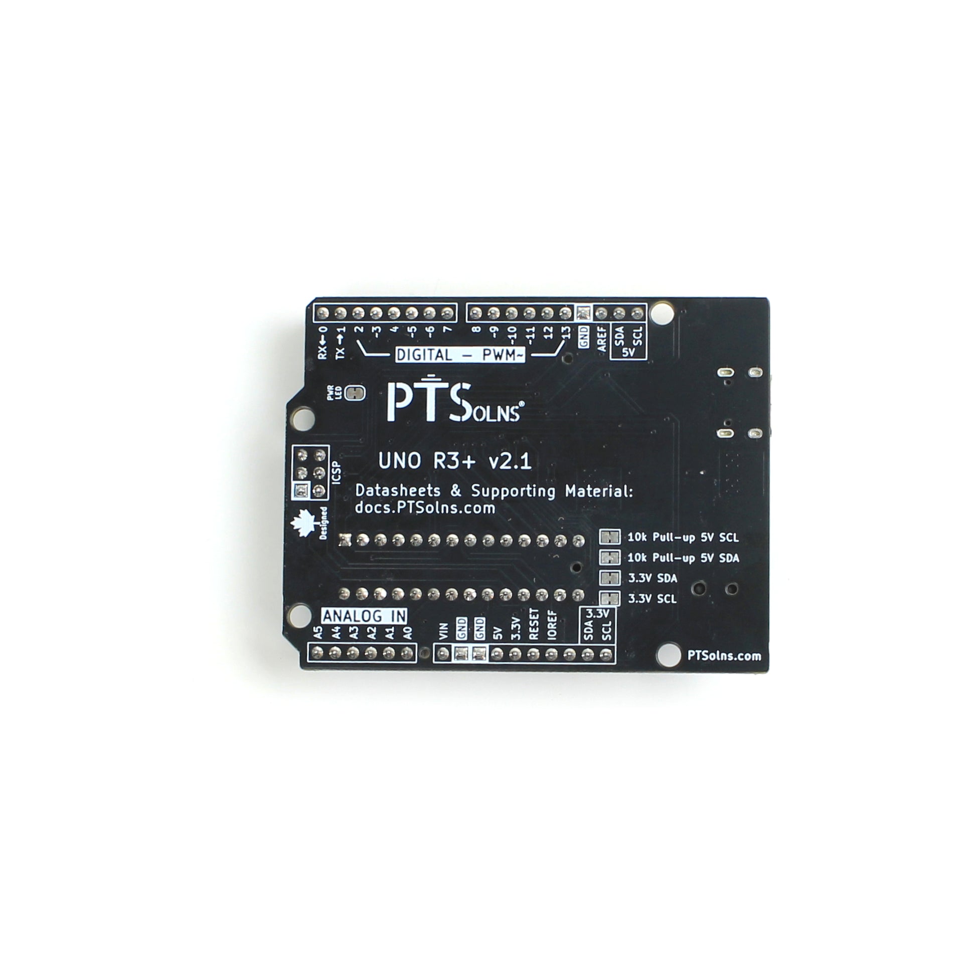 Bottom view of PTSolns Uno R3+ microcontroller development board showing power LED disconnect jumper, clean PCB layout, through-hole ATmega328P socket, and quality control marking for reliable Arduino-compatible prototyping