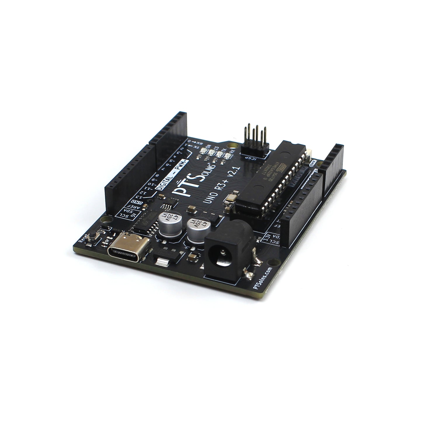 Front view of PTSolns Uno R3+ microcontroller development board showing USB-C port, removable ATmega328P DIP-28 chip, QWIIC connector, and 3.3V logic level shifted I2C pins for Arduino-compatible prototyping and easy sensor integration