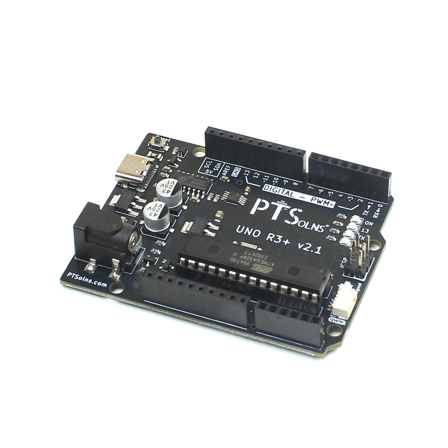 PTSolns Uno R3+ microcontroller development board based on ATmega328P with USB-C, removable DIP-28 chip, onboard QWIIC connector and 3.3V logic level shifted I2C pins, grouped status LEDs, and compatibility with standard Arduino Uno R3 shields for versatile prototyping