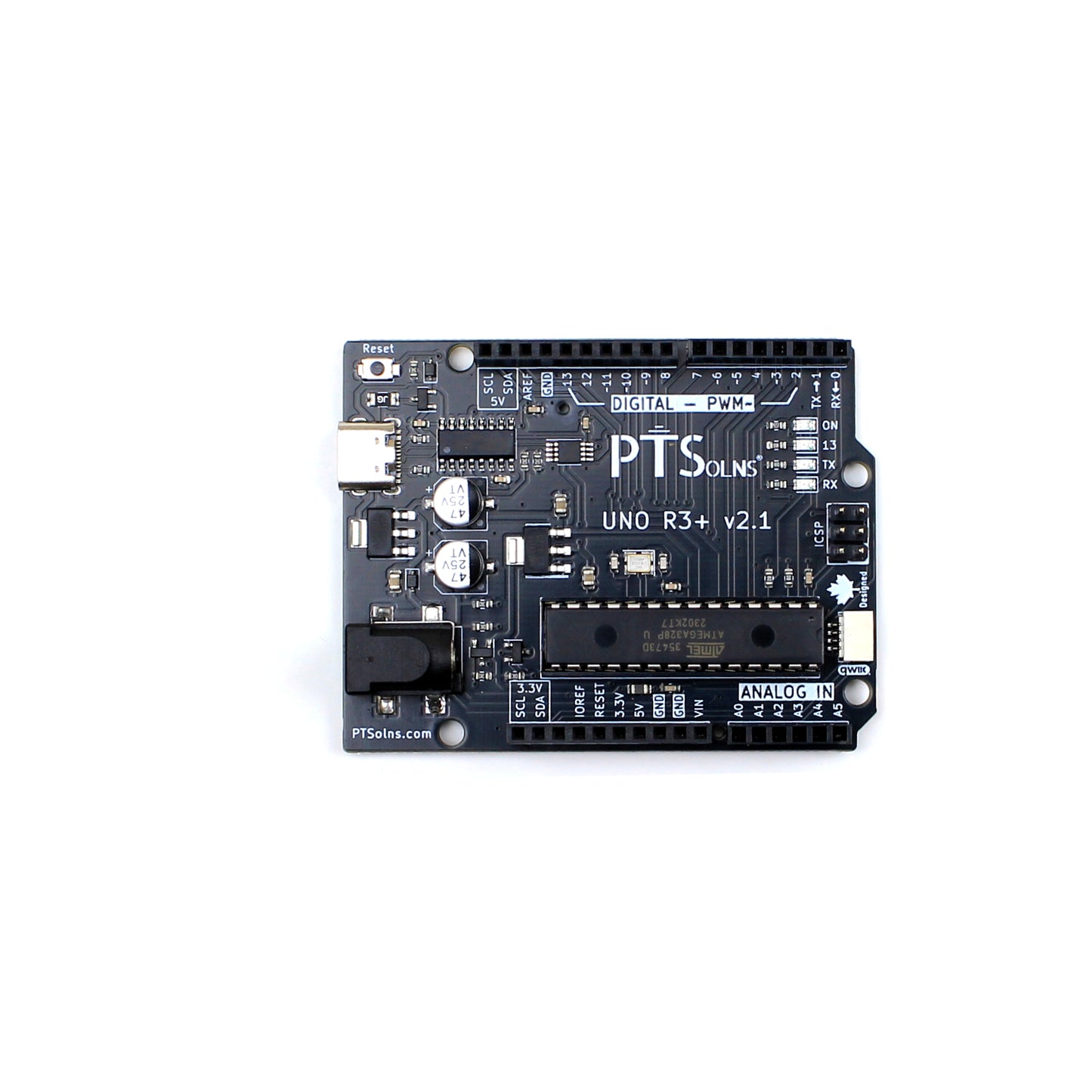 Top view of PTSolns Uno R3+ microcontroller development board featuring USB-C port, QWIIC connector, grouped status LEDs, 3.3V and 5V I2C pinouts, and removable ATmega328P DIP-28 chip for Arduino-compatible development and prototyping