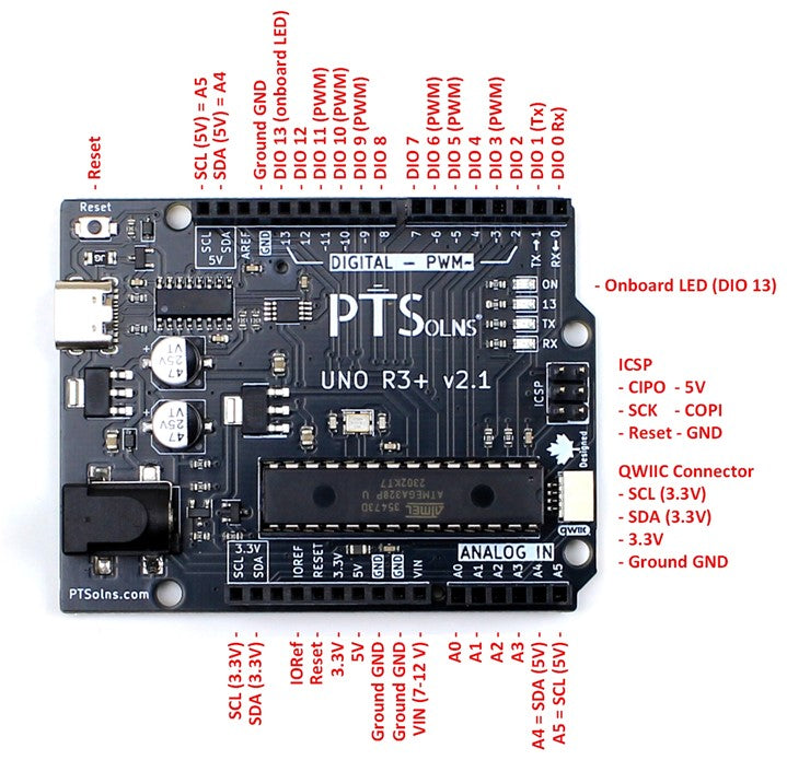 Pinout diagram of PTSolns Uno R3+ microcontroller development board showing labeled GPIO, power, analog, PWM, I2C, SPI, and UART pins, including both 5V and 3.3V I2C bus locations for clear and accessible Arduino-compatible prototyping