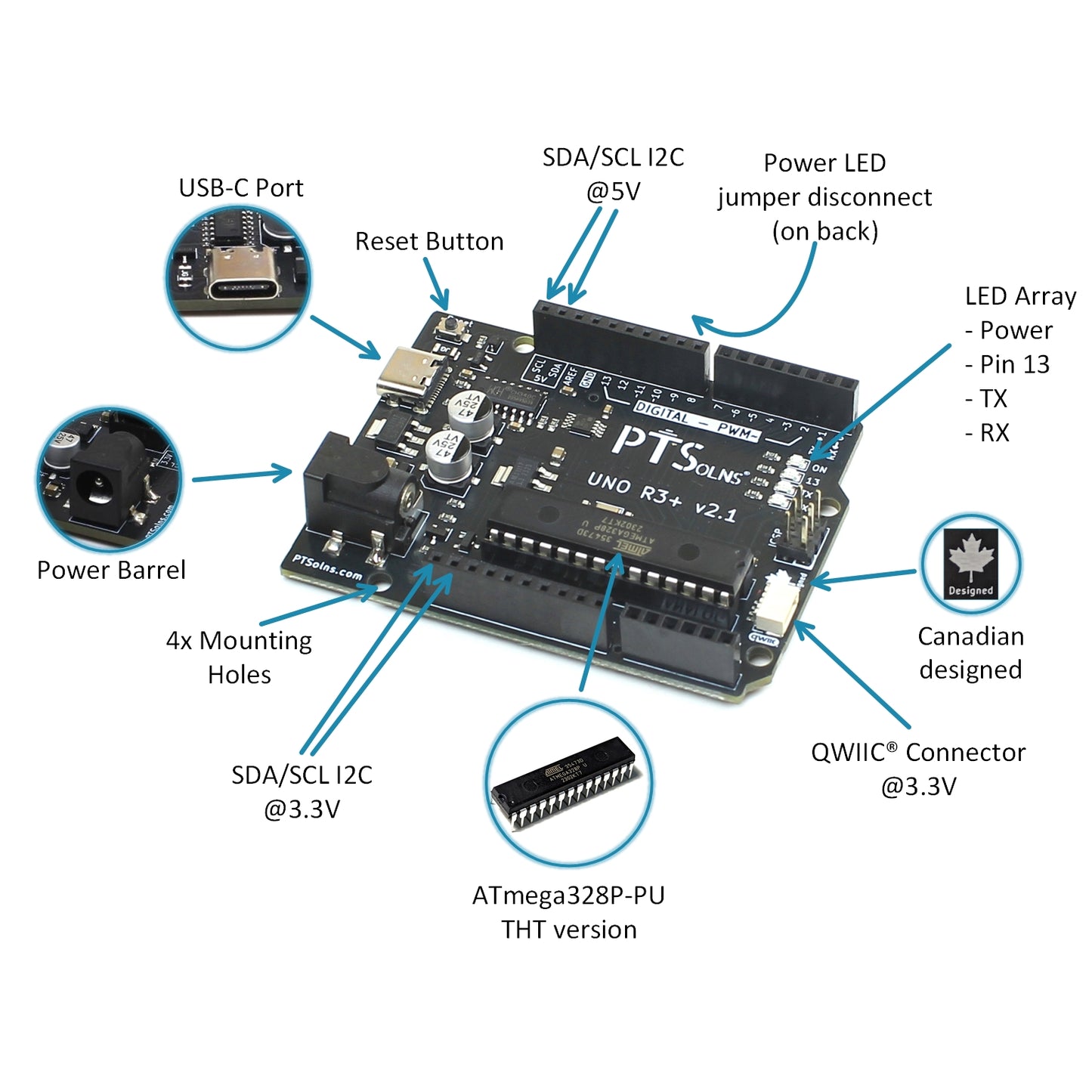 Labeled technical diagram of PTSolns Uno R3+ microcontroller development board highlighting USB-C port, reset button, 5V and 3.3V I2C pinouts, QWIIC connector, LED array (Power, Pin 13, TX, RX), power LED disconnect jumper, genuine through-hole ATmega328P, power barrel jack, and four mounting holes, designed in Canada for Arduino-compatible projects