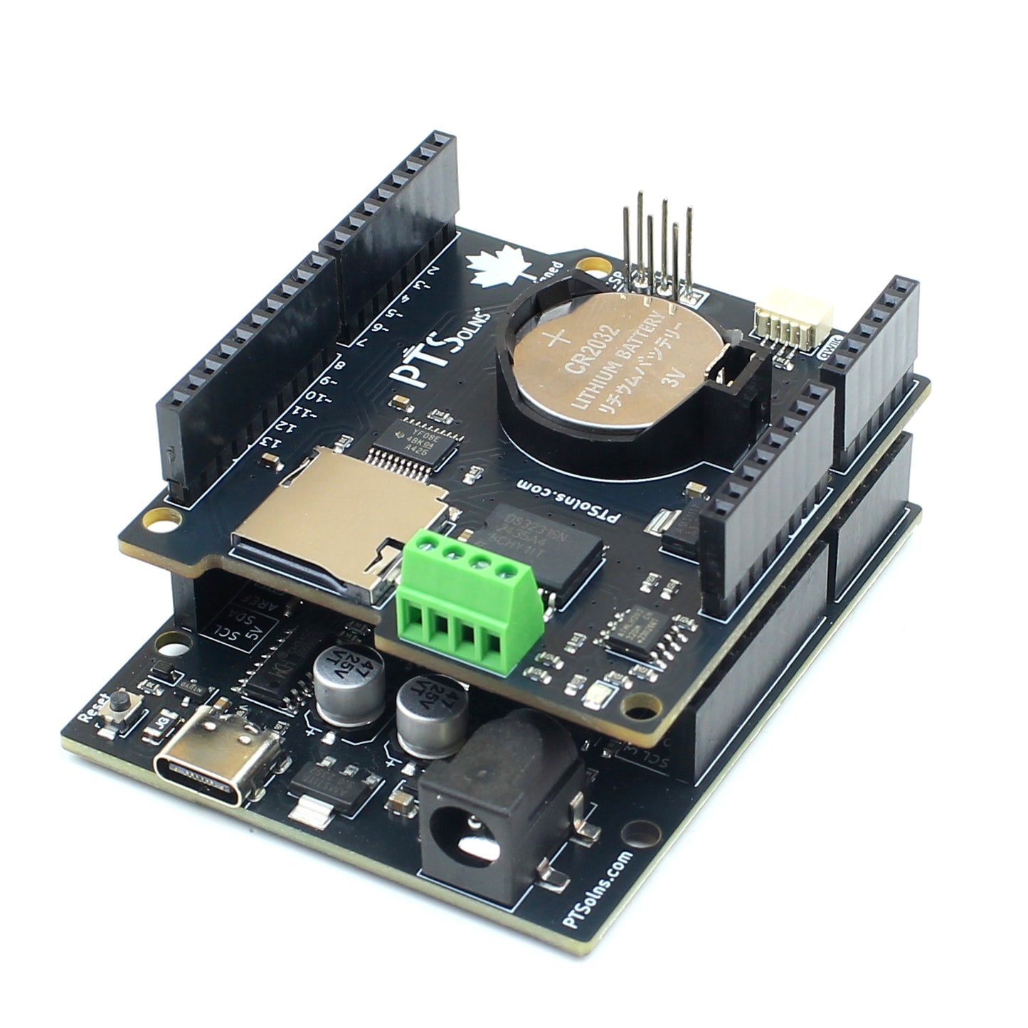 Example application showing PTSolns RTC MicroSD data logging shield stacked on top of PTSolns Uno R3+ microcontroller board, demonstrating full compatibility for real-time clock and microSD data logging in Arduino-based projects