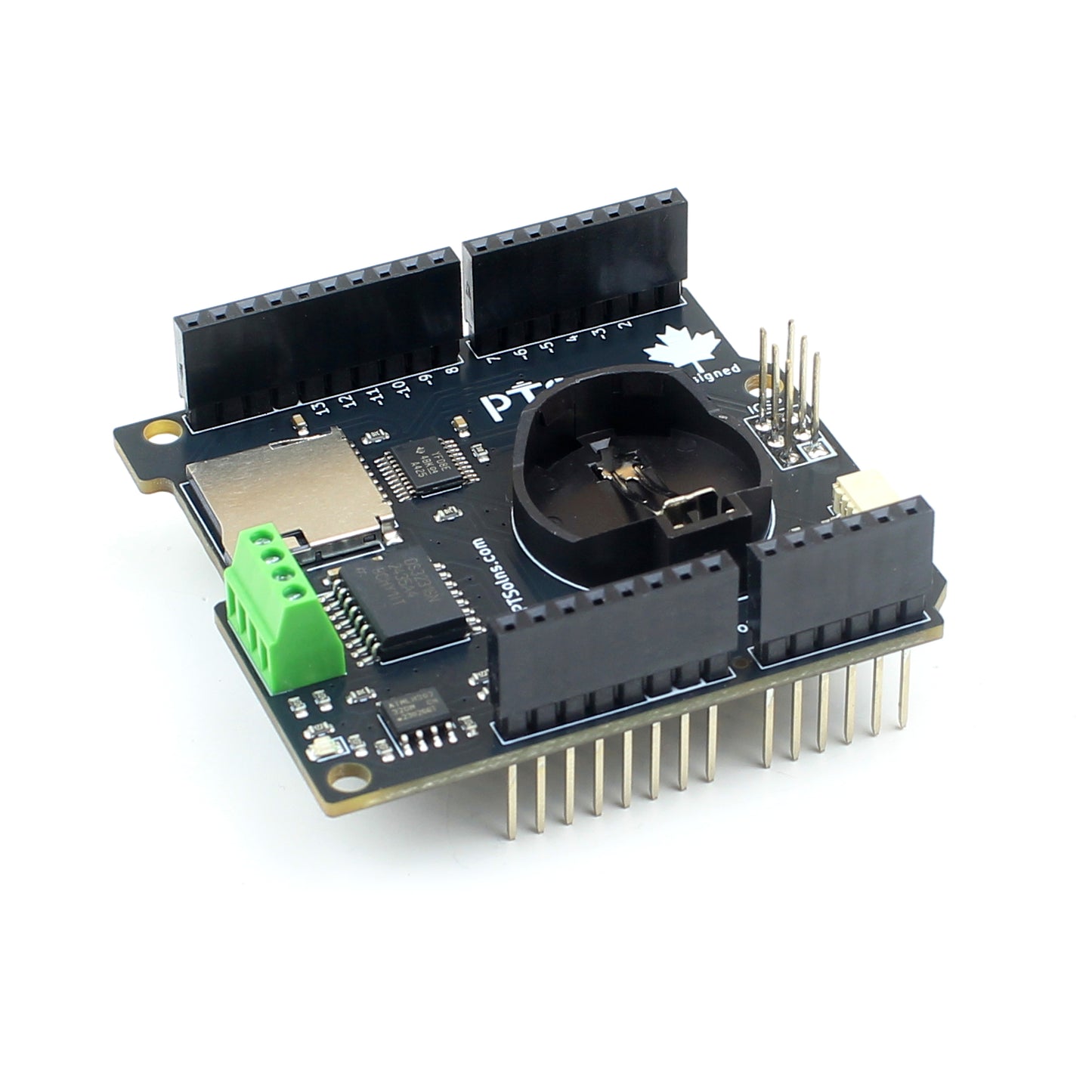 Angled view of Arduino Uno R3-compatible RTC shield with micro SD card slot, DS3231 real-time clock, onboard EEPROM, Qwiic connector, logic level shifter, and backup battery—fully stackable for data logging applications
