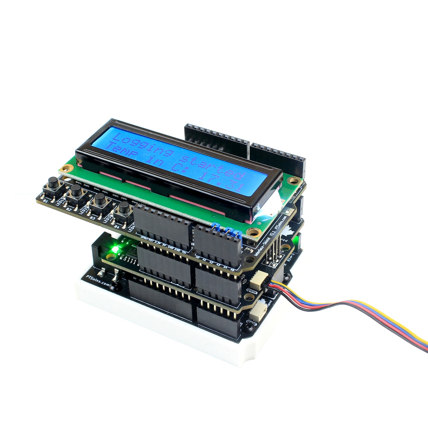 Data logging setup with PTSolns Uno R3+ and RTC MicroSD shield stacked with PTSolns Interface-Shield displaying temperature and logged data via real-time clock, EEPROM, and micro SD card