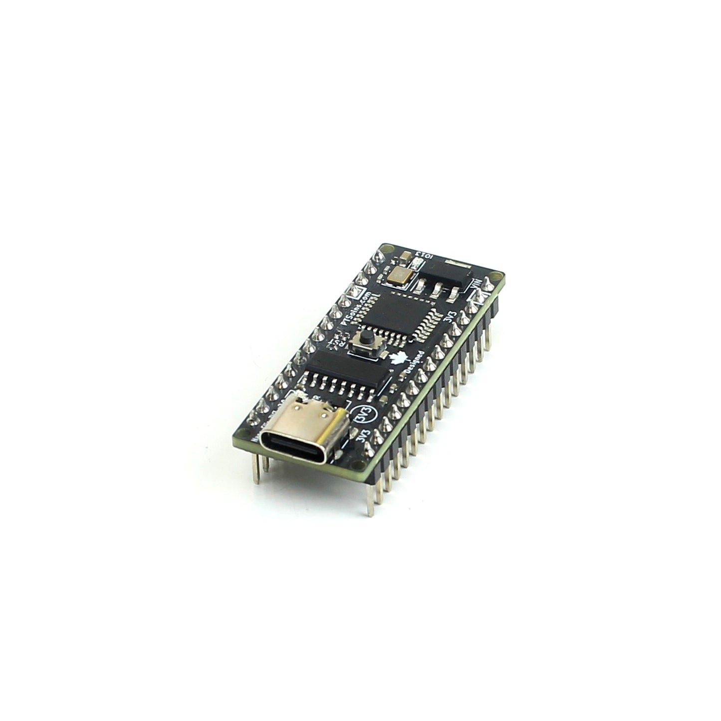Side view of PTSolns Nano Flip 3V3 microcontroller development board showing USB-C port, onboard reset and programmable IO13 LEDs, male headers, and compact design optimized for breadboard prototyping and embedded projects
