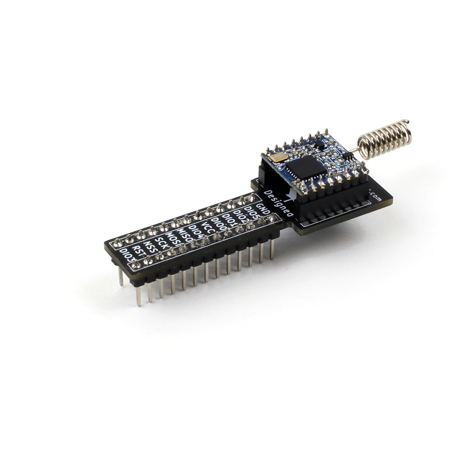 PTSolns LoRa Key 915MHz SX1276 LoRa transceiver breakout board with 2.54mm pitch adapter, 8-channel bi-directional logic level shifter for 3.3V and 5V compatibility, integrated LM1117 3.3V voltage regulator and smoothing capacitors, designed for easy prototyping of long-range RF communication nodes in North America