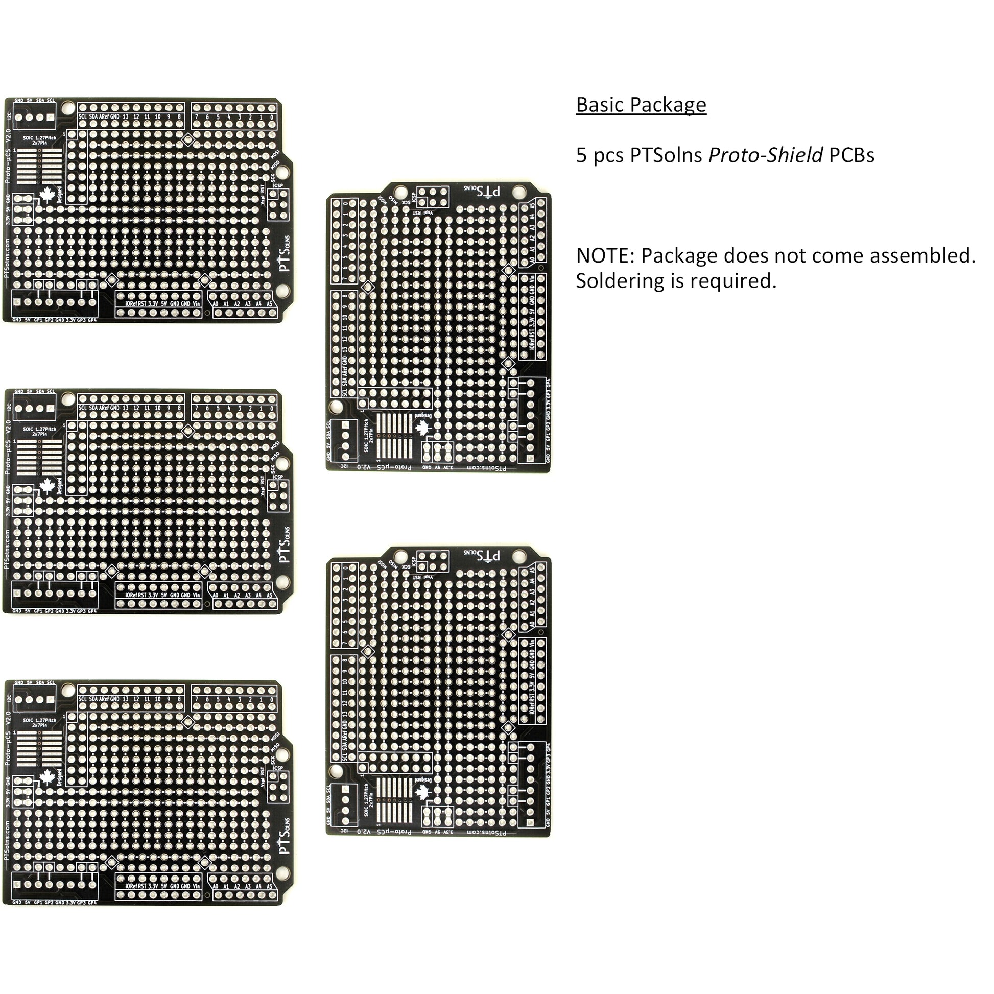 Five PTSolns Proto-Shield PCBs included in the basic package, unassembled.