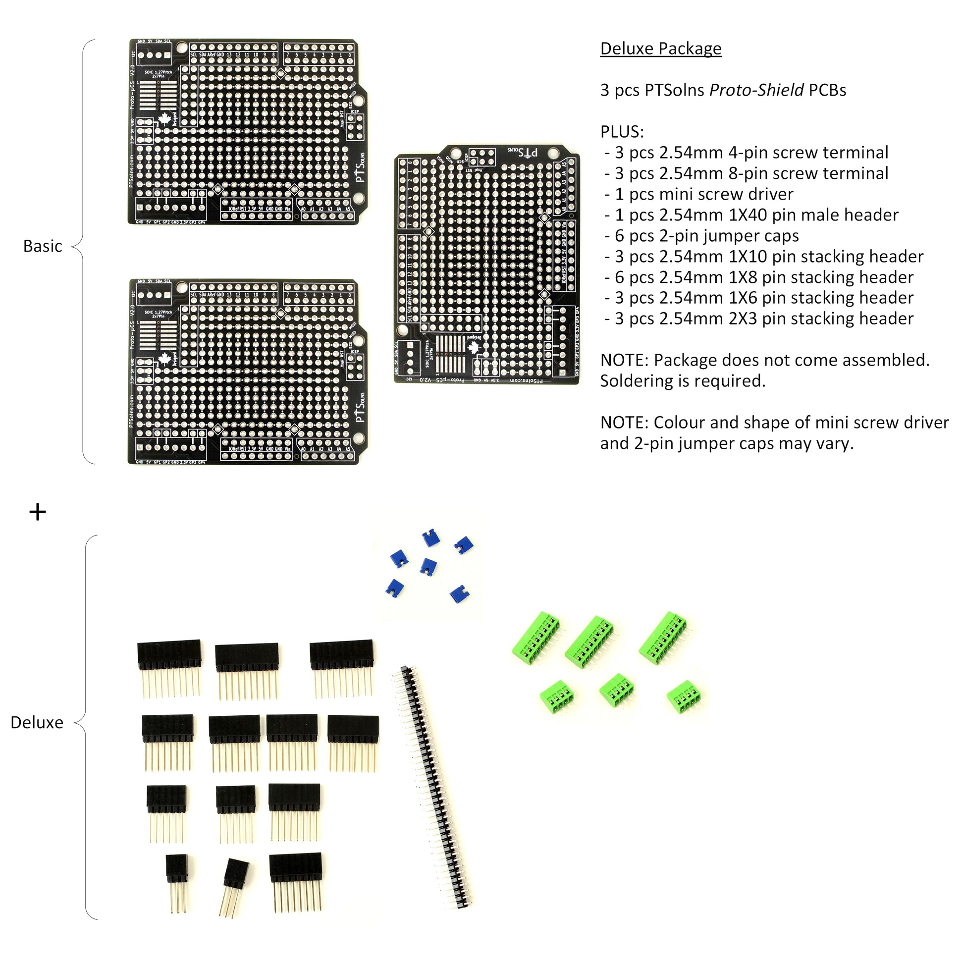 Three PTSolns Proto-Shield PCBs plus components included in the deluxe package, unassembled.