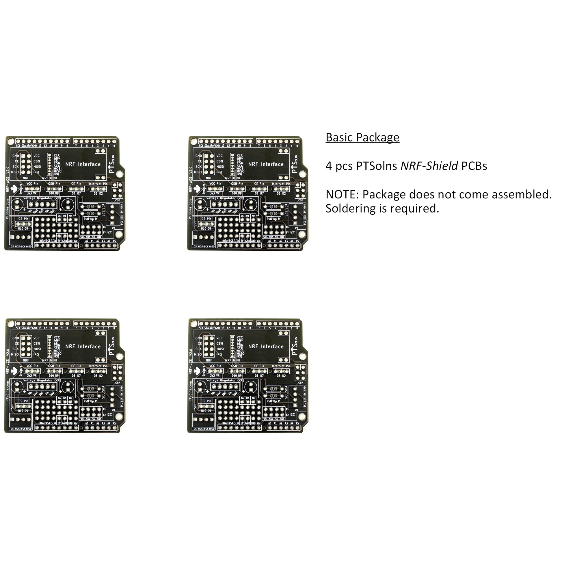 PTSolns NRF-Shield package contents showing four PCBs.