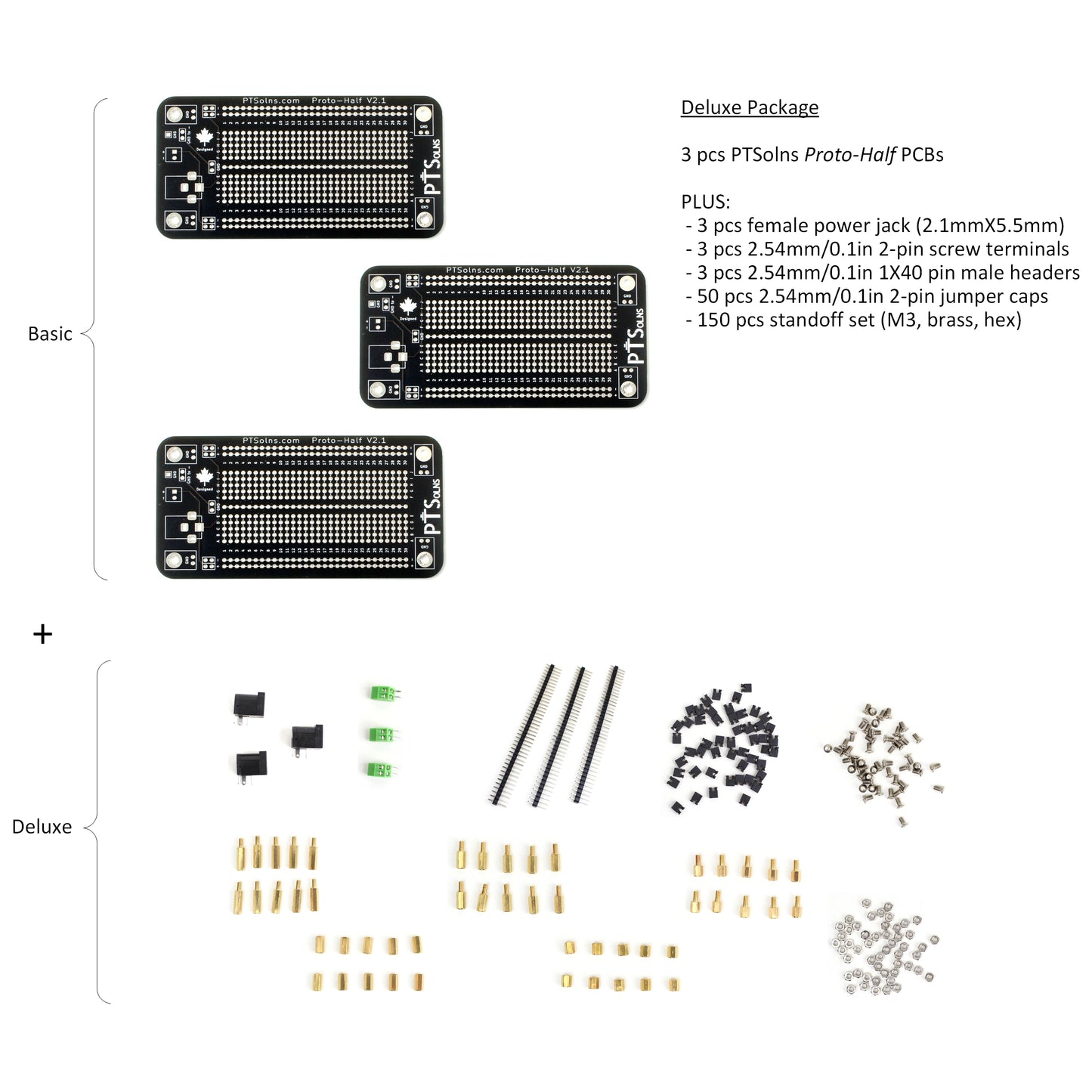 PTSolns Proto-Half deluxe package contents: three prototyping PCBs plus assorted components for assembly.