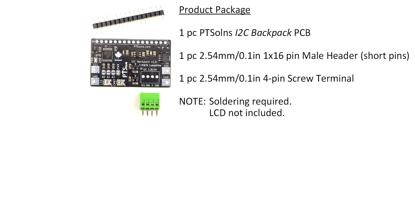 PTSolns I2C Backpack for 1602 and 2004 LCD Kit