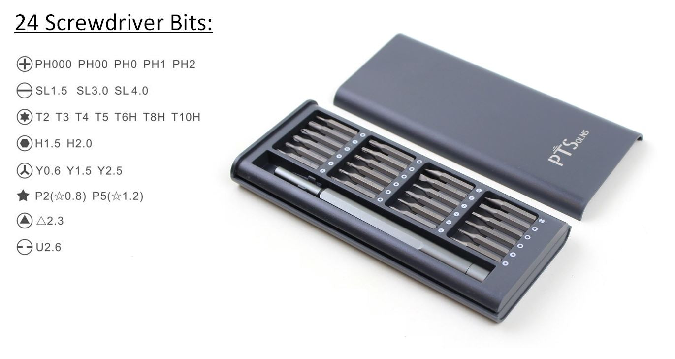 Package contents of the precision screwdriver set listing various screwdriver bits including Phillips sizes, slotted sizes, Torx sizes (including hollow Torx), hex sizes, Y-type, star (Pentalobe) sizes, triangle, and U-type bits.