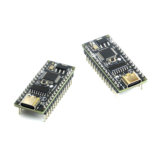 PTSolns Nano Flip 3V3 microcontroller development board featuring ATmega328P, USB-C programming and power, compact footprint ideal for breadboard use, onboard reset and programmable LEDs, power management jumpers, and pre-installed bootloader with GetStarted sketch for rapid prototyping