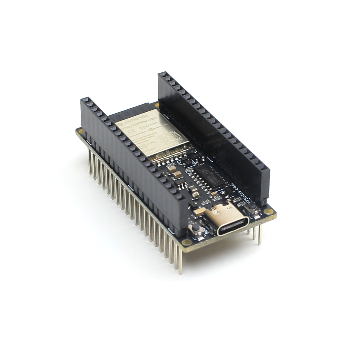 PTSolns ESP32 microWatt development board assembled with stacking female headers, highlighting flexible expansion options and easy stacking for IoT prototyping and low-power applications