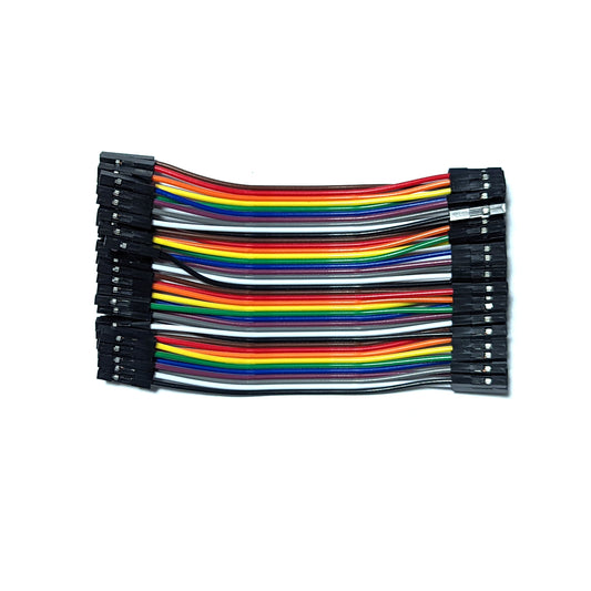 A bundle of 40 DuPont wires in various colors including black, white, grey, purple, blue, green, yellow, orange, and red, arranged neatly side by side.