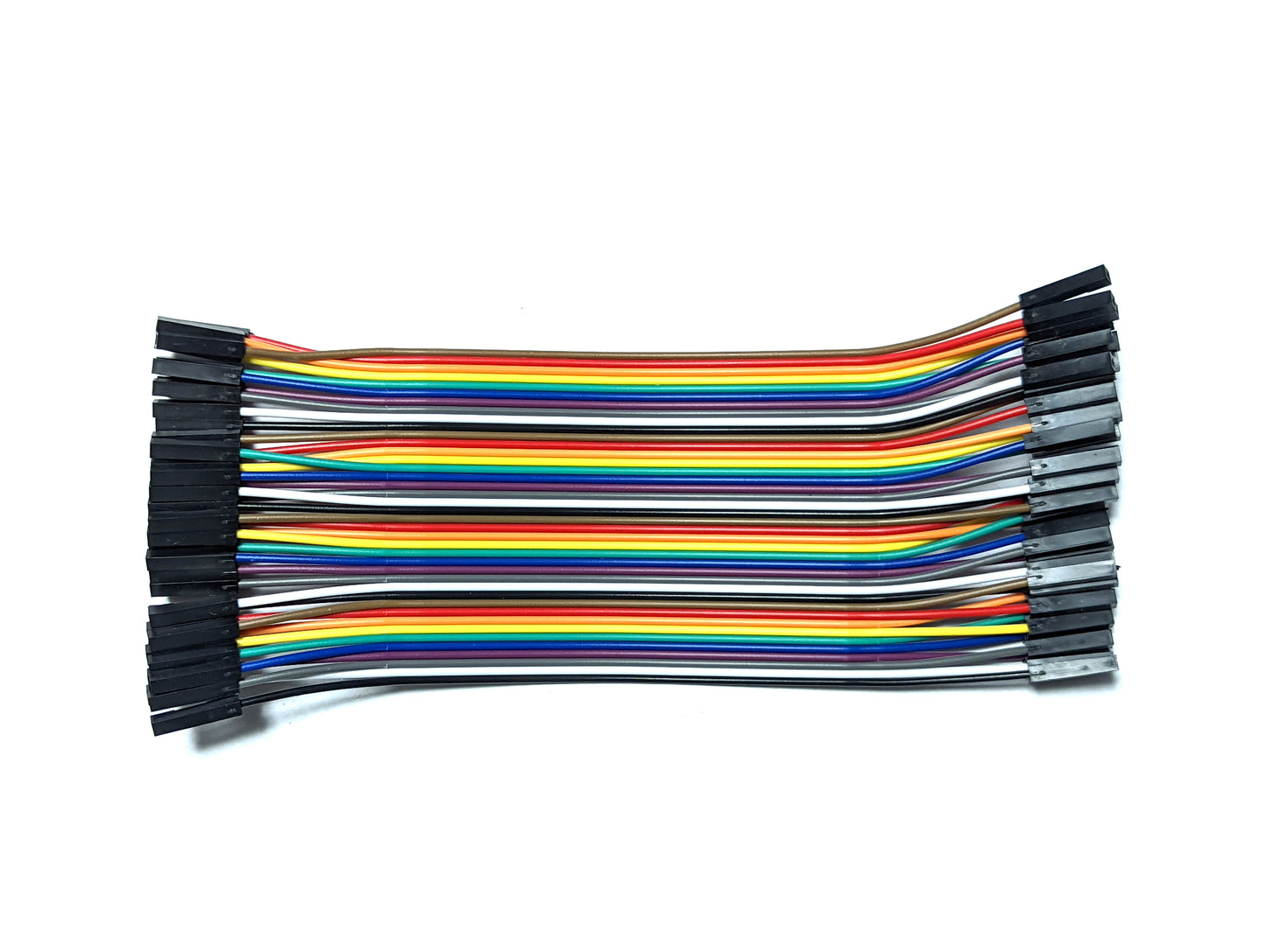 A bundle of 40 DuPont wires in various colors including black, white, grey, purple, blue, green, yellow, orange, and red, arranged neatly side by side.