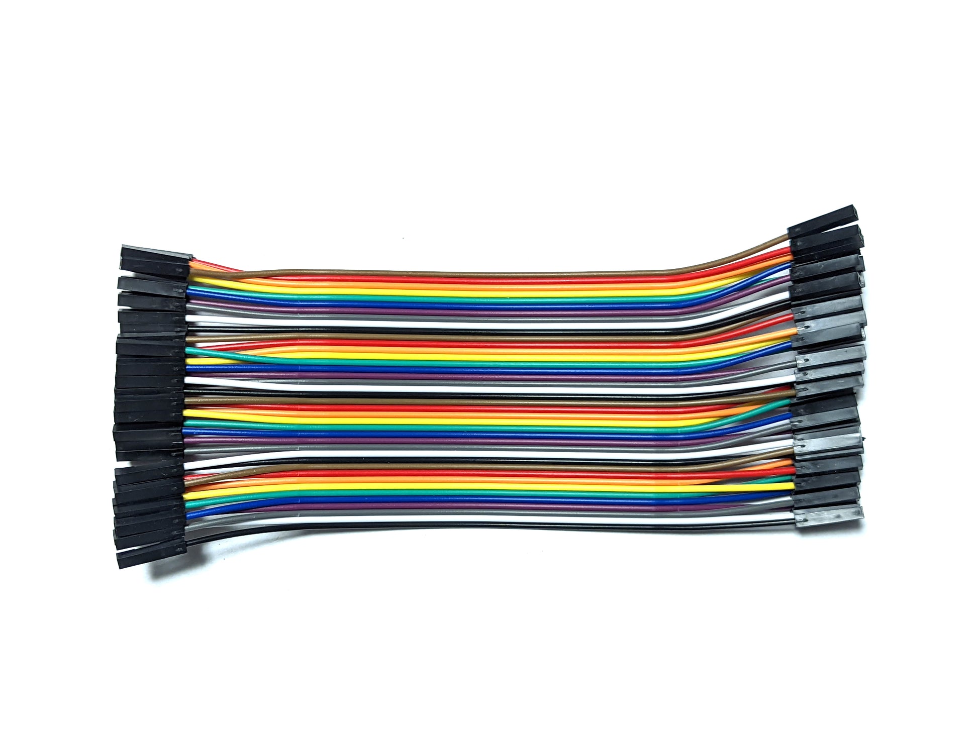 A bundle of 40 DuPont wires in various colors including black, white, grey, purple, blue, green, yellow, orange, and red, arranged neatly side by side.