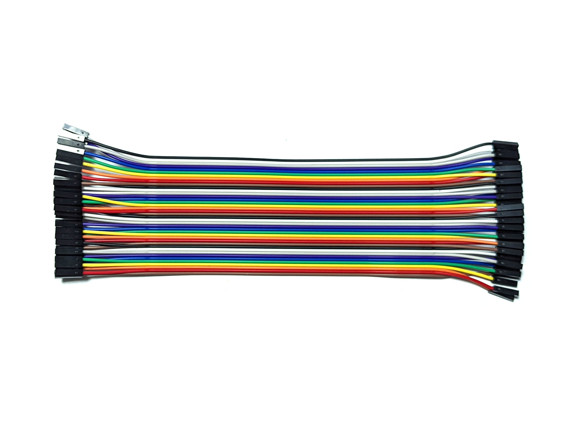 A bundle of 40 DuPont wires in various colors including black, white, grey, purple, blue, green, yellow, orange, and red, arranged neatly side by side.