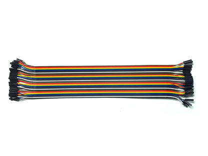 A bundle of 40 DuPont wires in various colors including black, white, grey, purple, blue, green, yellow, orange, and red, arranged neatly side by side.