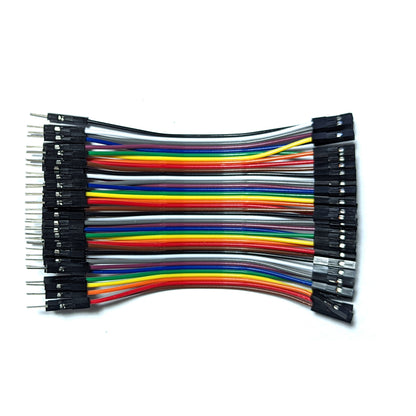 A bundle of 40 DuPont wires in various colors including black, white, grey, purple, blue, green, yellow, orange, and red, arranged neatly side by side.