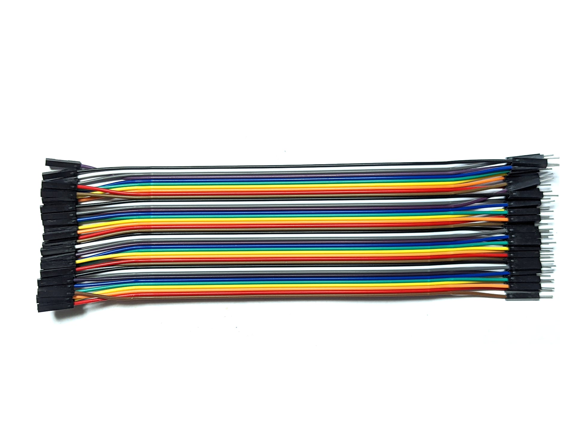 A bundle of 40 DuPont wires in various colors including black, white, grey, purple, blue, green, yellow, orange, and red, arranged neatly side by side.