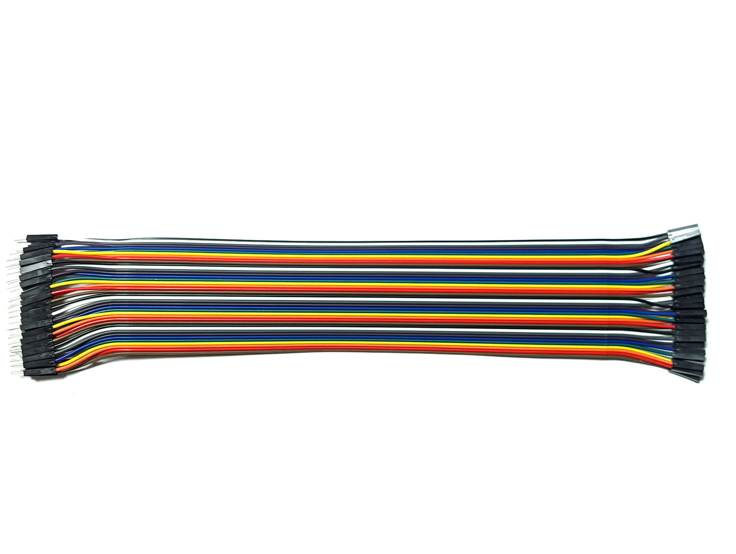 A bundle of 40 DuPont wires in various colors including black, white, grey, purple, blue, green, yellow, orange, and red, arranged neatly side by side.