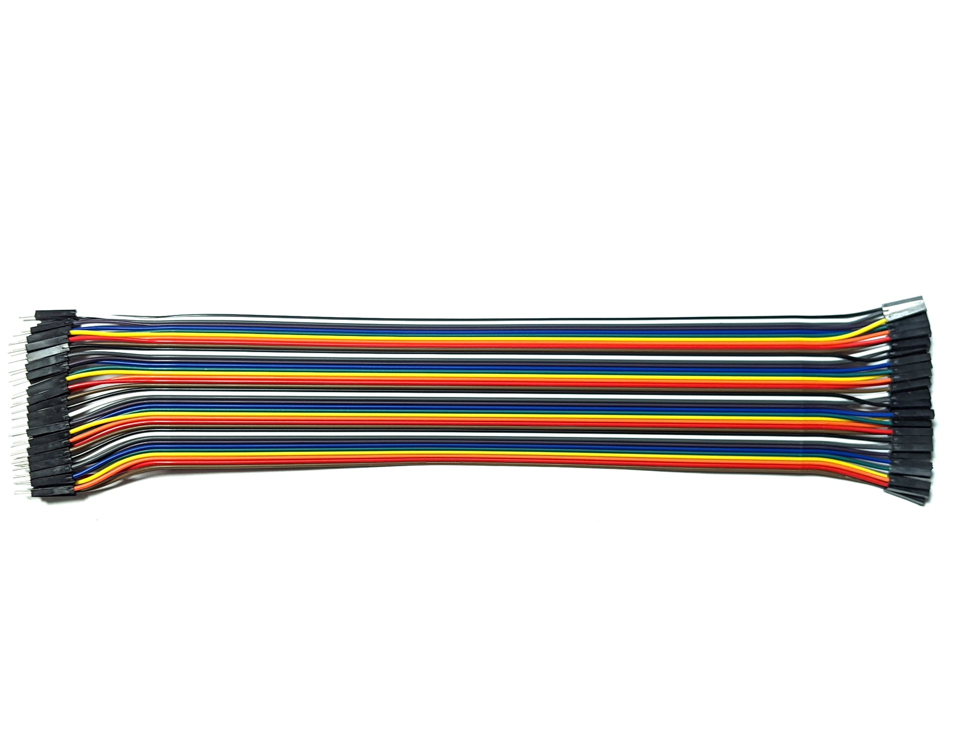 A bundle of 40 DuPont wires in various colors including black, white, grey, purple, blue, green, yellow, orange, and red, arranged neatly side by side.