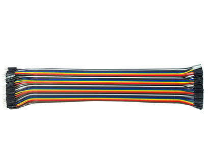 A bundle of 40 DuPont wires in various colors including black, white, grey, purple, blue, green, yellow, orange, and red, arranged neatly side by side.