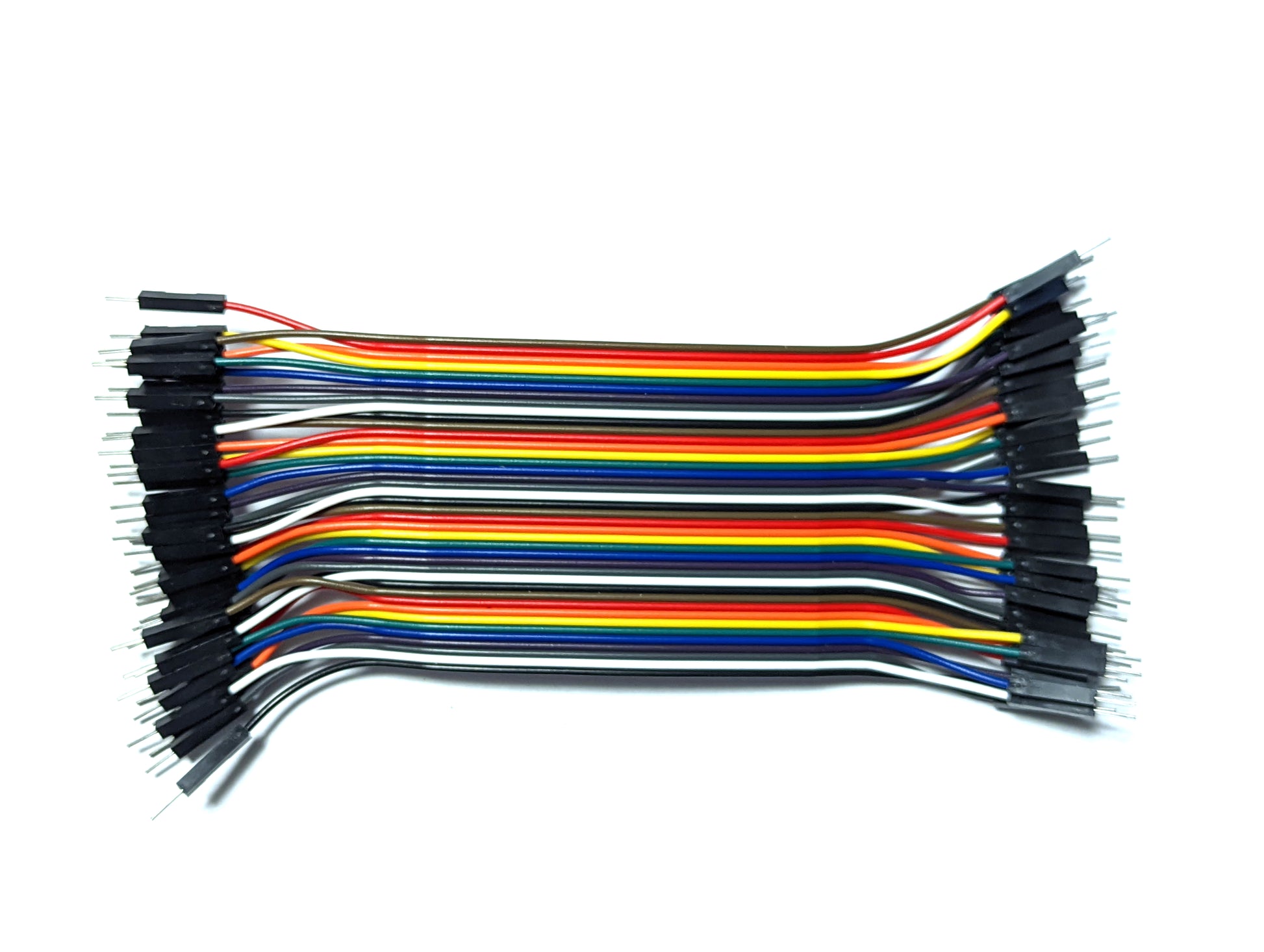 A bundle of 40 DuPont wires in various colors including black, white, grey, purple, blue, green, yellow, orange, and red, arranged neatly side by side.